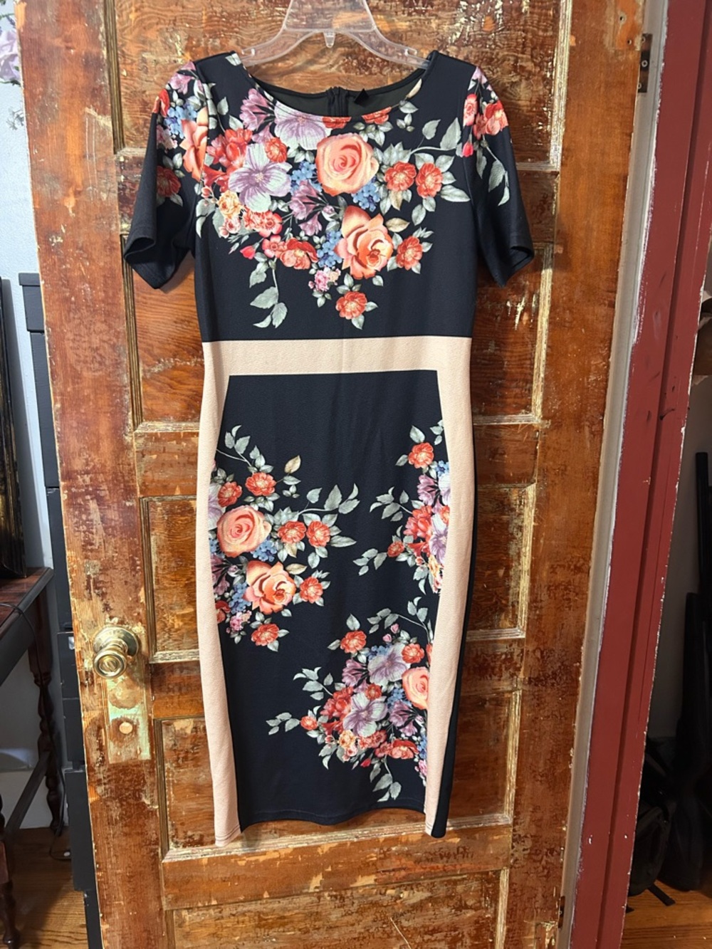 SHEIN Black Floral Midi Dress with Peach Panels